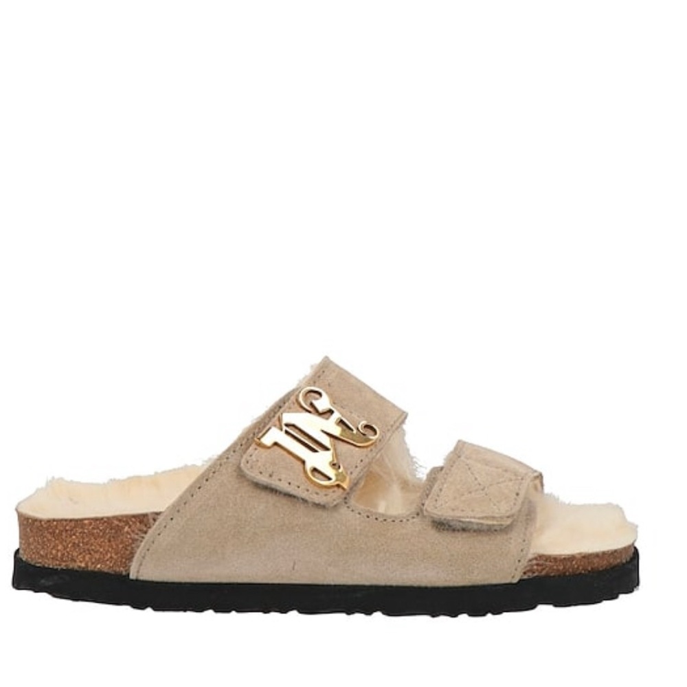 Palm Angels Khaki Slide Sandals with Gold Detail